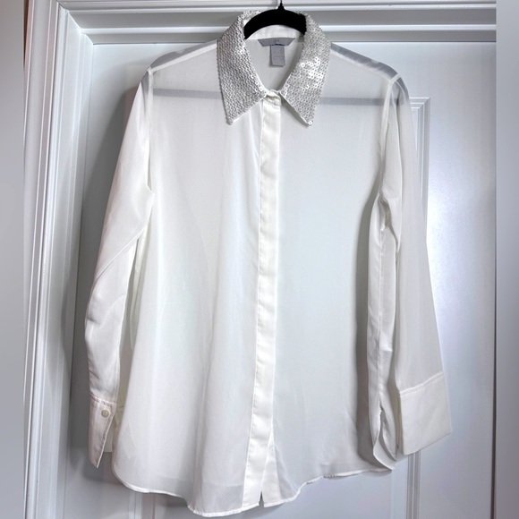 H&M Sequin-collared sheer button down blouse shirt - Picture 1 of 7